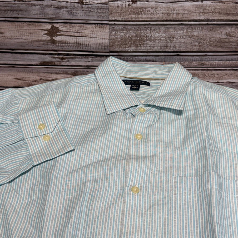 Banana Republic Button Down Shirt Mens L Blue Striped Linen Cotton Long Sleeve